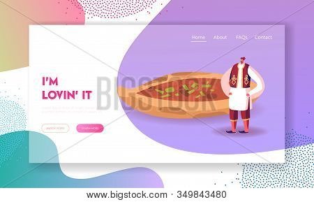 Turkish Food Website Landing Page. Man Wearing Traditional Turkey Costume Stand Near Pide Or Pita Wi