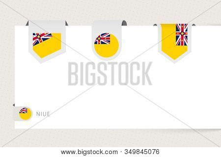 Label Flag Collection Of Niue In Different Shape. Ribbon Flag Template Of Niue Hanging From Paper Or
