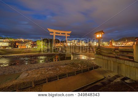 Japanese Torii Pole At Miyamae Bridge At Night In Takayama Old Town, Gifu, Urban City In Japan. Arch
