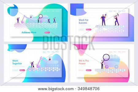 Data Mining, Informational Resource Research Website Landing Page Set. Workers Digging Binary Code W