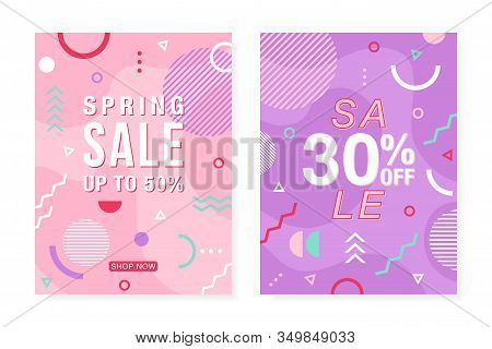 Vector Poster With Geometric Forms, Lines And Dots In Trendy Memphis Style. Spring Sale Design Templ