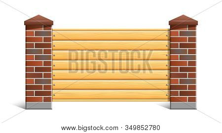 Fence With Brick Pillars And Wood. Vector Eps10