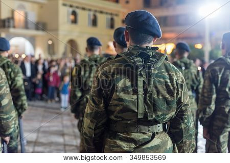 Easter Celebration Night Outside Agios Minas Cathedral. A Marching Band And Military Parade In The O