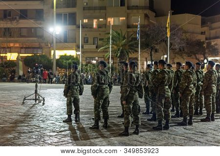 Heraklion, Crete, Greece - 28 April 2019: Easter Celebration Night Outside Agios Minas Cathedral. A 