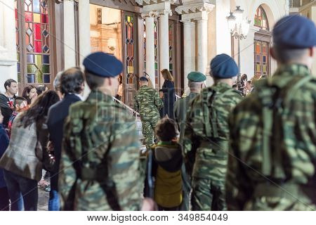 Heraklion, Crete, Greece - 28 April 2019: Easter Celebration Night Outside Agios Minas Cathedral. A 