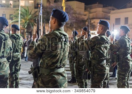 Heraklion, Crete, Greece - 28 April 2019: Easter Celebration Night Outside Agios Minas Cathedral. A 