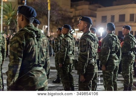 Heraklion, Crete, Greece - 28 April 2019: Easter Celebration Night Outside Agios Minas Cathedral. A 