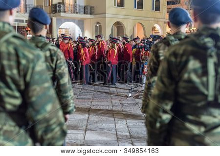 Heraklion, Crete, Greece - 28 April 2019: Easter Celebration Night Outside Agios Minas Cathedral. A 
