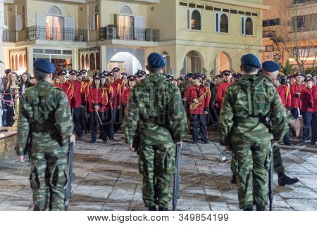 Heraklion, Crete, Greece - 28 April 2019: Easter Celebration Night Outside Agios Minas Cathedral. A 