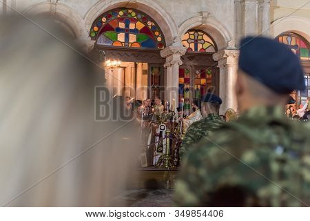 Heraklion, Crete, Greece - 28 April 2019: Easter Celebration Night Outside Agios Minas Cathedral. Сe