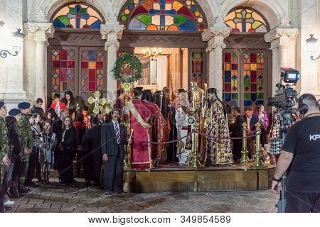 Heraklion, Crete, Greece - 28 April 2019: Easter Celebration Night Outside Agios Minas Cathedral. Сe