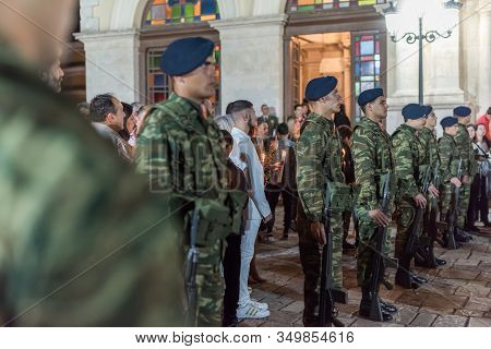 Heraklion, Crete, Greece - 28 April 2019: Easter Celebration Night Outside Agios Minas Cathedral. A 