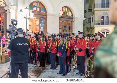 Heraklion, Crete, Greece - 28 April 2019: Easter Celebration Night Outside Agios Minas Cathedral. A 