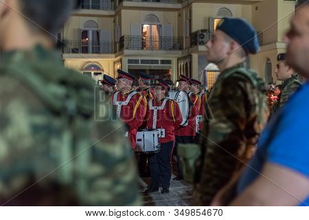 Heraklion, Crete, Greece - 28 April 2019: Easter Celebration Night Outside Agios Minas Cathedral. A 