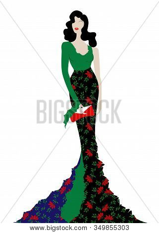 Fashion Model In Floral Beauty Dress, Sexy Woman Posing Evening Gown. Shop Logo Silhouette Diva Beau