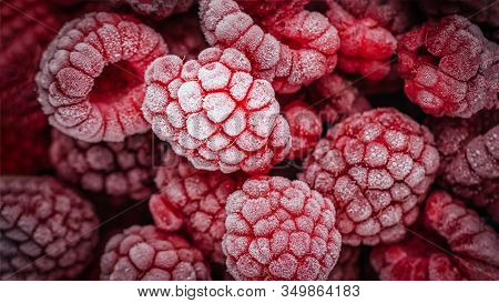 Red Frozen Raspberries Background. Close Up, Berry Background. 16:9 Panoramic Format