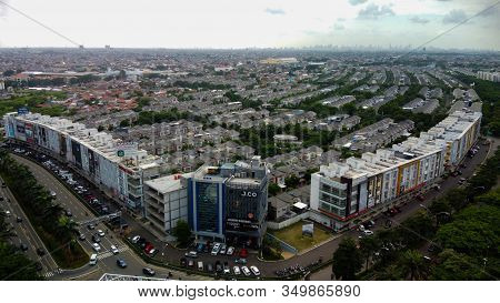 Bekasi, West Java, Indonesia - February 10 2020: Skyline Aerial Shot. Residential Environment At Sum