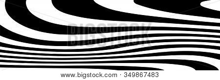 Abstract Black And White Curved Lines Vector. Wide Background Dynamic Wavy Distorted Lines Template