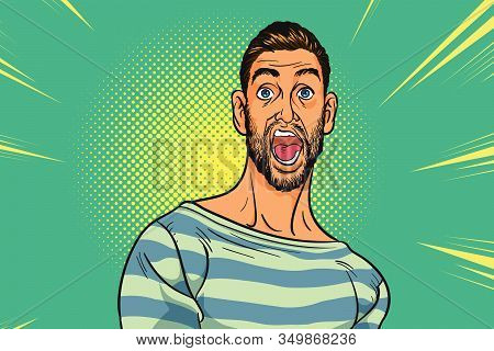 Pop Art Man Screams In Horror, Panic Face.shocked Hipster Bearded American Businessman With Comic Cl