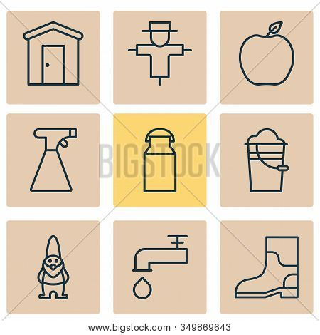 Farm Icons Set With Faucet, Gardening Shoes, Barn And Other Bugbear Elements. Isolated Vector Illust