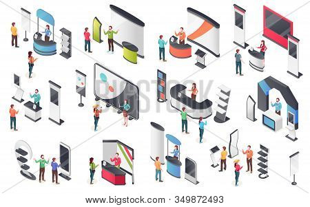 Expo Center, Product Display Stands, Visitors And Consultants People, Isometric Icons. Exhibition An