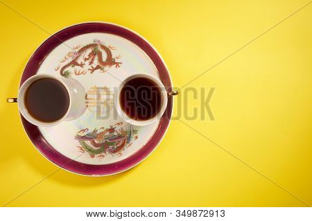 Teapot and cups used in traditional Chinese wedding ceremony with chinese sign meaning happinese. Translation: Double Happiness