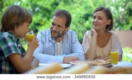 Boy Drinking Glass Of Fresh Orange Juice, Sugar-free Organic Drink For Children