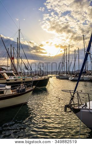 Nature, Twilight, Holiday Destination And Travel Concept - Summer Sunset At The Mediterranean Sea Co