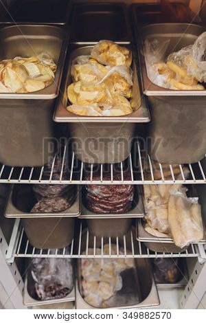 Freezer Refrigerator With Various Frozen Foods Billet Storage Restaurant.