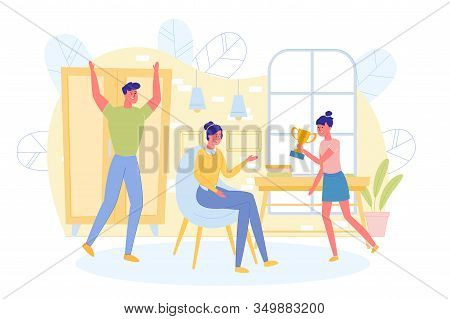 Daughter Bringing Trophy To Parents Flat Cartoon Vector Illustration. Girl Winning In Competition Co
