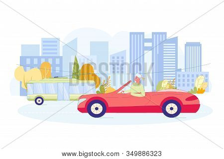 Modern Grandmother Driving Red Sports Car Without Roof On City Road. Happy Smiling Old Woman Behind 
