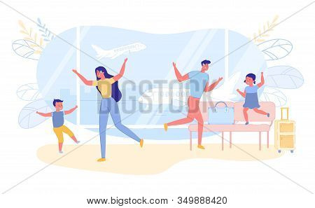 Family With Children Late For Boarding Plane. People Are Worried And Upset That They Missed Flight. 