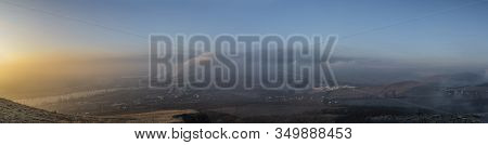 Sunrise Time On Radobyl Hill Over Valley Of River Labe And Lovosice Town