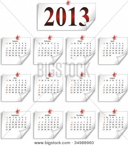 Vektor kalender 2013 på små hvide papir