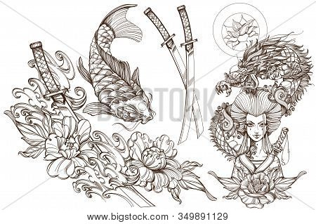 Contour Image Of Asian Woman In A Kimono And Dragon. Beautiful Template For Posters Or Leaflets With