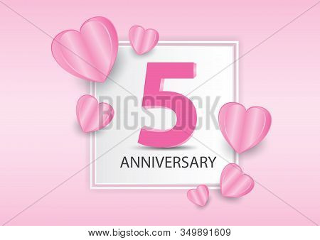 5 Years Anniversary Logo Celebration With Heart Background. Valentine’s Day Anniversary Banner Vecto