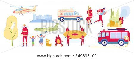 Objects And Characters For Emergency Scenes Flat Cartoon Vector Illustration. Helicopter Or Plane, E