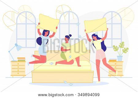 Advertising Flyer, Girlfriends Fight On Pillows. Girlfriends In Pajamas Having Fun And Playing Fight