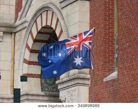 Albert, Somme, France - May 1, 2019. Australian Flag Next To Somme Museum To Commemorate Ww1 Battles