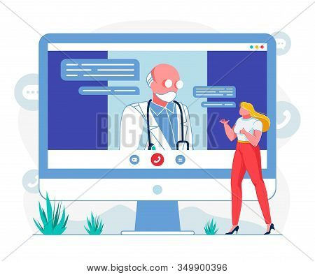 Doctor Consulting Online Flat Vector Illustration. General Practitioner Listening To Patient Via Tel