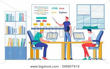 Teacher Explains How Work In Different Programs. Teacher Tells Two Students About Programming System