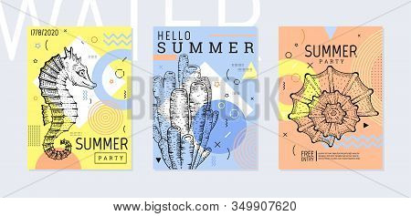Summer Party Poster Set, Geometric Memphis Style. Cool Trendy Flyer With Type Quote. Sea Ocean Eleme