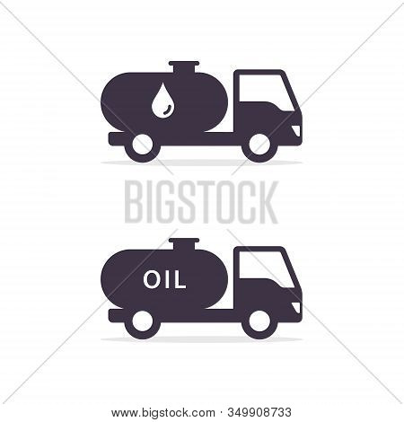 Truck With Oil Or Fuel, Tank Oil Transport Icon. Vector Isolated Flat Design Illustration.