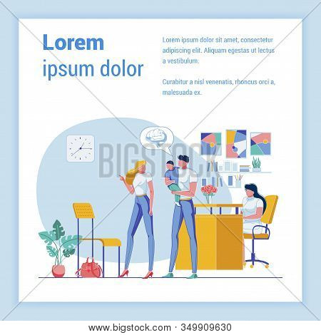 Nurse Receptionist At Desk. Young Couple, Mom And Dad With Little Son, In Local Outpatient Clinic, W