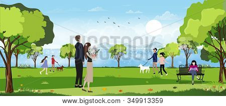 Vector Landscape Of Spring Park By The Sea With Happy Family Having Fun, Boy Walking The Dog,  Women