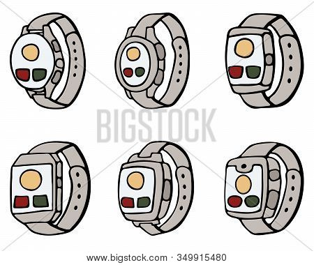 Set Of Fitness Tracker Smart Watch With Heart Rate Monitor, Cartoon Doodle Vector Style Design. Mode