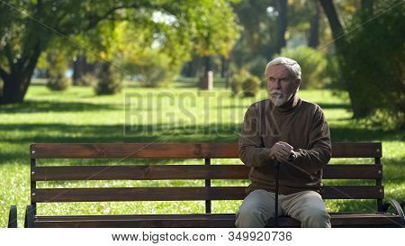 Old Man With Walking Cane Sitting On Bench, Resting After Walking In Park