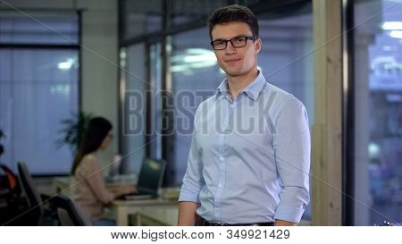 Handsome Man Posing On Office Background, Official Employment, Business Career