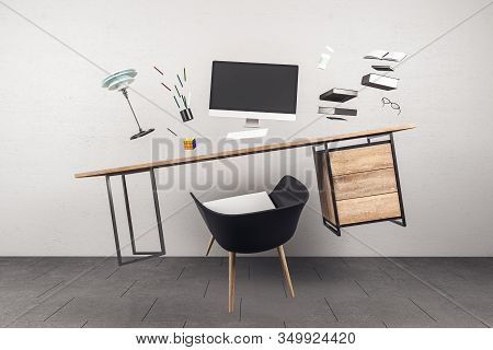 Modern Workplace Interior With Jumping Computers And Supplies. Business Objekt And Occupation Concep