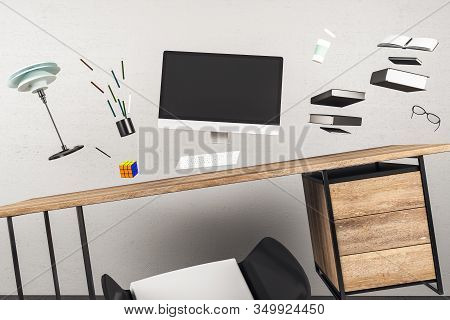 Minimalistic Workplace Interior With Jumping Computers And Supplies. Business Objekt And Occupation 